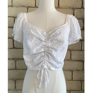 Hollister White Eyelet Cinch Crop Top Puff Short Sleeve Size Medium